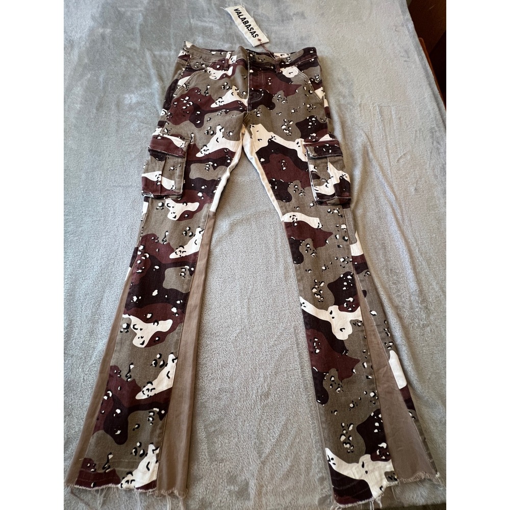 Valabasas Cargo Pants Men 34 Brown Camo Flare Leg Distressed Hem